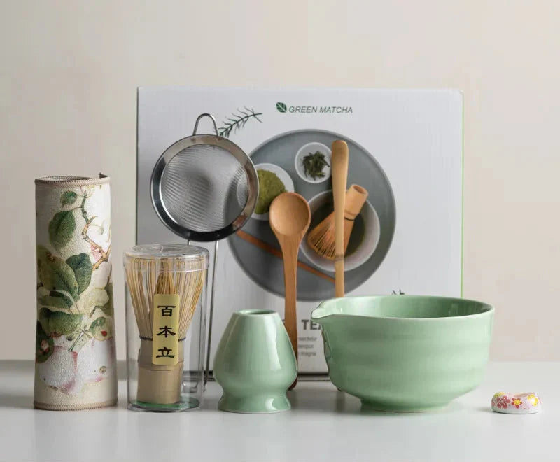 Matcha Set 8-Piece Sakura Design Ceramic Bowl Bamboo Whisk Frother
