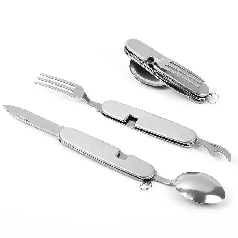 Optimized Product Title: **Multifunktionales Klappbares Campingbesteck – Gabel, Löffel, Messer & Flaschenöffner in Einem – Ideal für Outdoor-Aktivitäten und Reisen**