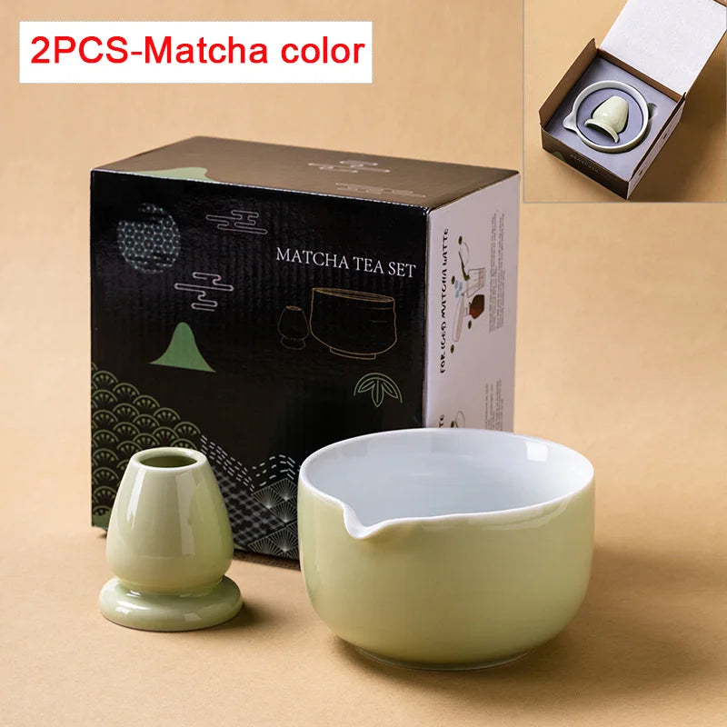 Japanese Matcha Bowl Set Green 550ml Ceramic with Spout for Tea Ceremony