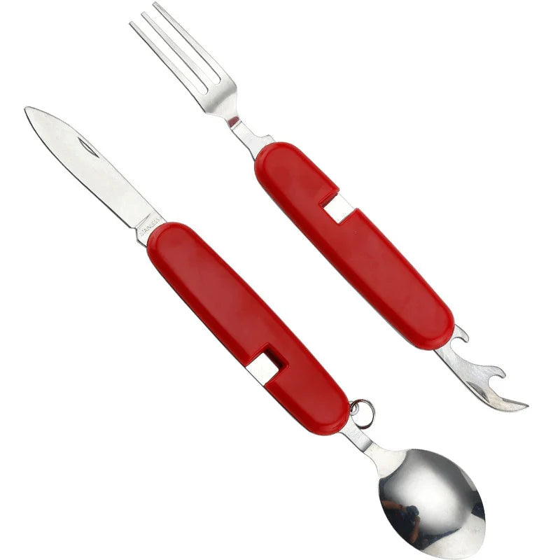 Optimized Product Title: **Multifunktionales Klappbares Campingbesteck – Gabel, Löffel, Messer & Flaschenöffner in Einem – Ideal für Outdoor-Aktivitäten und Reisen**