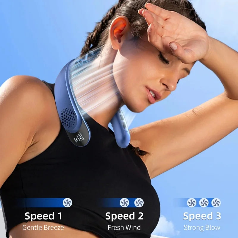 Bladeless Neck Fan – 3 Speeds, 4000mAh Battery & LCD Display