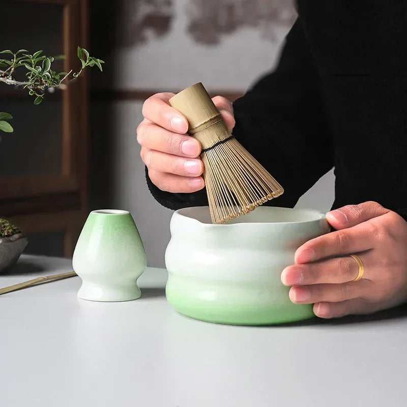 Japanese Matcha Bowl Set Green 550ml Ceramic with Spout for Tea Ceremony