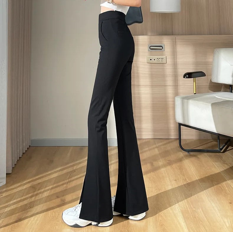 Plus-Size Black Flared Pants with Slit - Stylish Fall Edition for Women