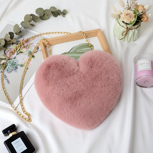 Women's Faux Fur Shoulder Bag – Heart-Shaped Crossbody, Chain Strap & Zip Closure
