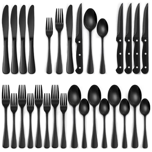 24-Piece Black Cutlery Set – Complete Dining Set for 4 People – Elegant Stainless Steel Flatware