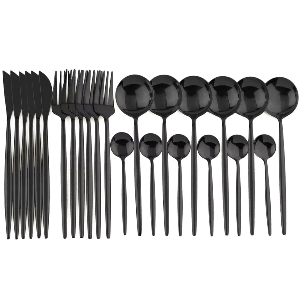 24-Piece Black Cutlery Set – Complete Dining Set for 4 People – Elegant Stainless Steel Flatware
