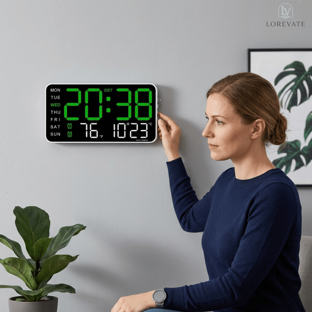 Digital LED Wall Clock – 21.5cm Display, Silent Operation & Time/Date/Temperature