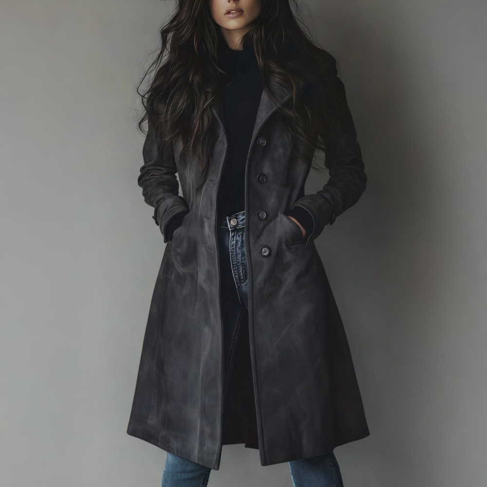 Women Trench Coat Suede Long Button Front Fall Outerwear