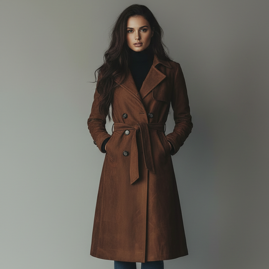 Women's Suede Trench Coat – Long Length, Button-Front Closure & Fall Outerwear