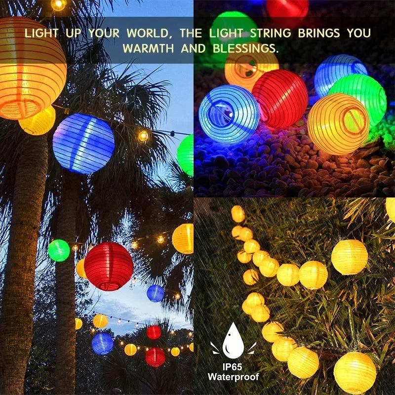 Solar LED Lantern String Lights – IP65 Waterproof, 8 Modes & Warm White