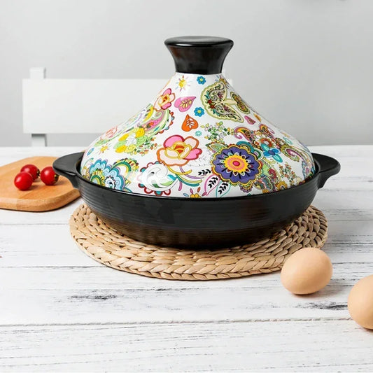 Ceramic Tagine Pot 2L – Floral Design, Gas Stove Safe & Conical Lid
