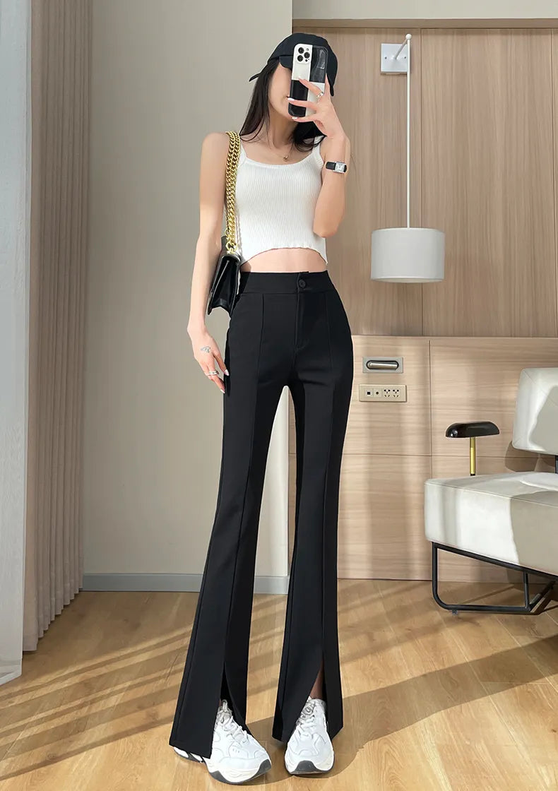 Plus-Size Black Flared Pants with Slit - Stylish Fall Edition for Women