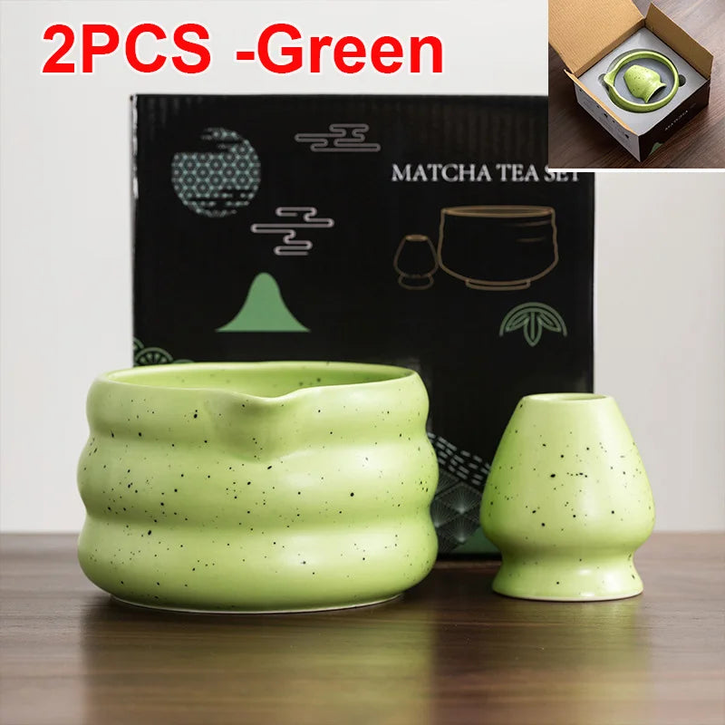 Japanese Matcha Bowl Set Green 550ml Ceramic with Spout for Tea Ceremony