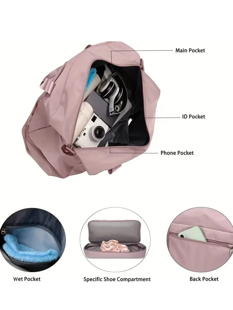 Travel Duffel Bag – Women's Pink, Shoe Compartment & Trolley Sleeve