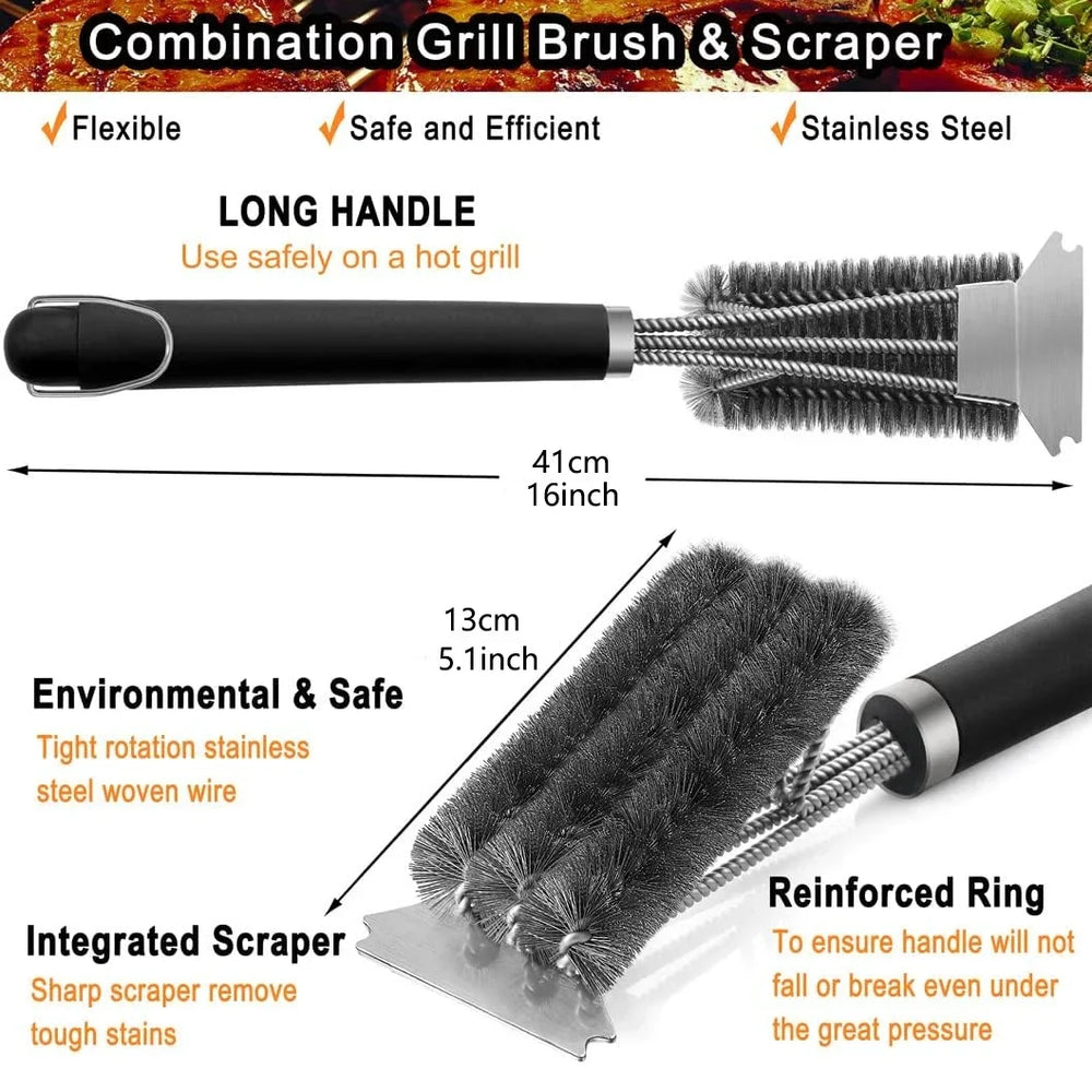 3-in-1 Grill Brush with Scraper – Stainless Steel Bristles, 360° Clean & All Grill Types
