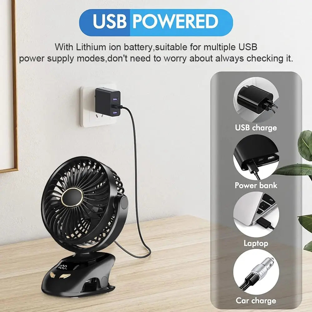 Clip-On Desk Fan – 6000 mAh Battery, 5 Speeds, 90° Tilt & LED Display