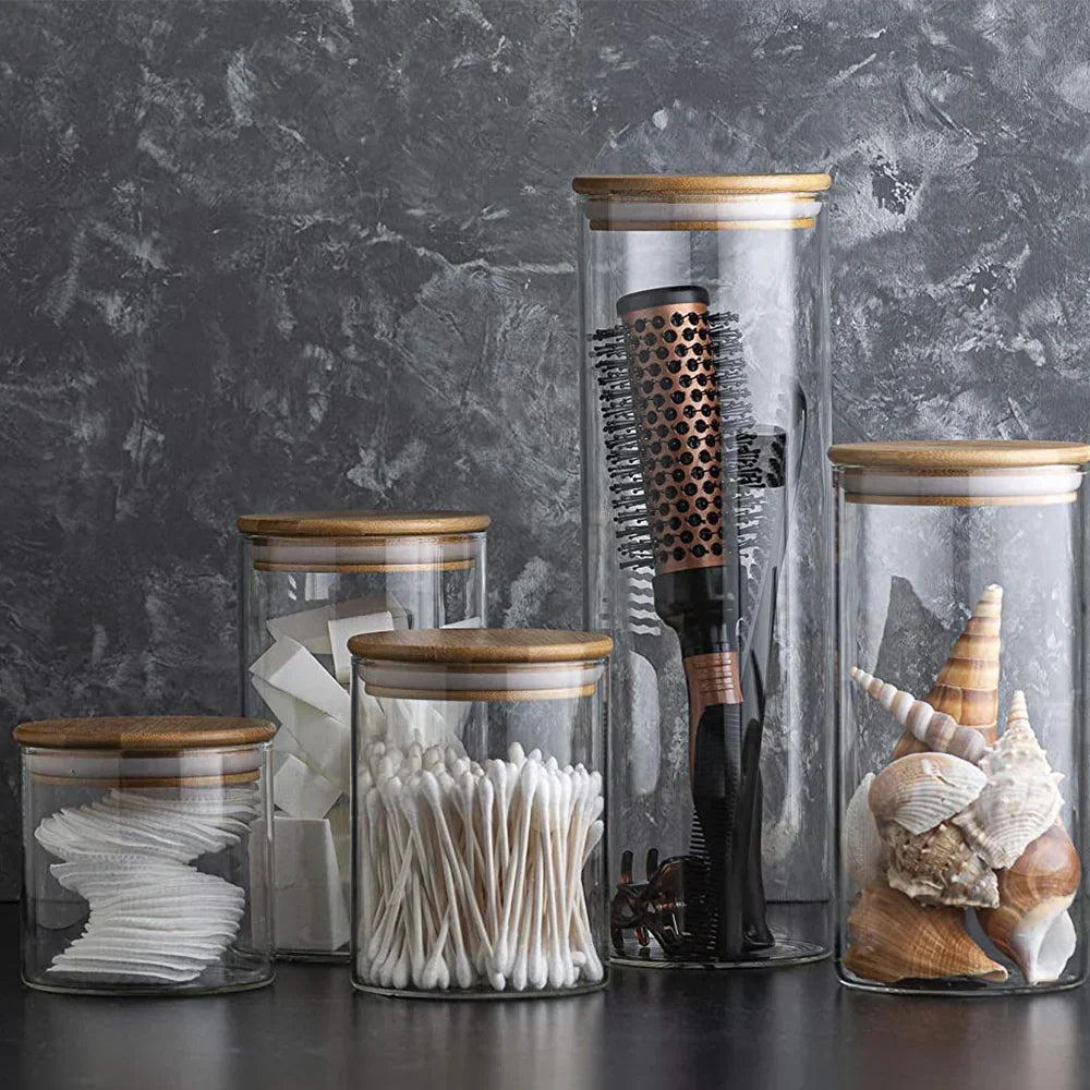 Glass Storage Jars with Wooden Lids – Airtight, Set of 5 & 300-950ml