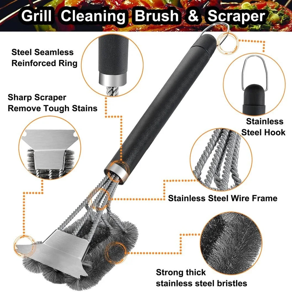 3-in-1 Grill Brush with Scraper – Stainless Steel Bristles, 360° Clean & All Grill Types