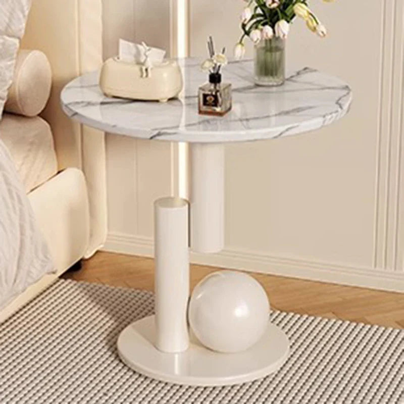 Round Side Table – Marble-Look Top, Wood Frame & Sculptural Base