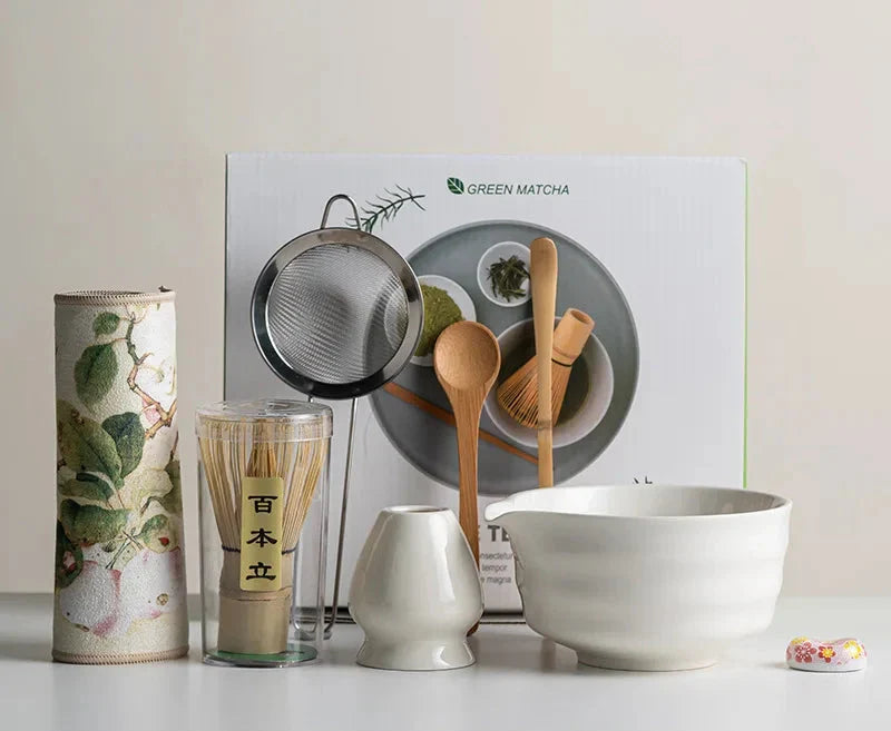 Matcha Set 8-Piece Sakura Design Ceramic Bowl Bamboo Whisk Frother