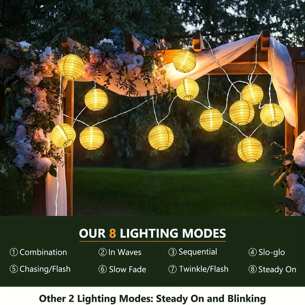 Solar LED Lantern String Lights – IP65 Waterproof, 8 Modes & Warm White