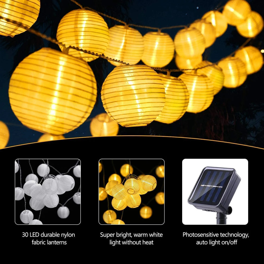 Solar LED Lantern String Lights – IP65 Waterproof, 8 Modes & Warm White
