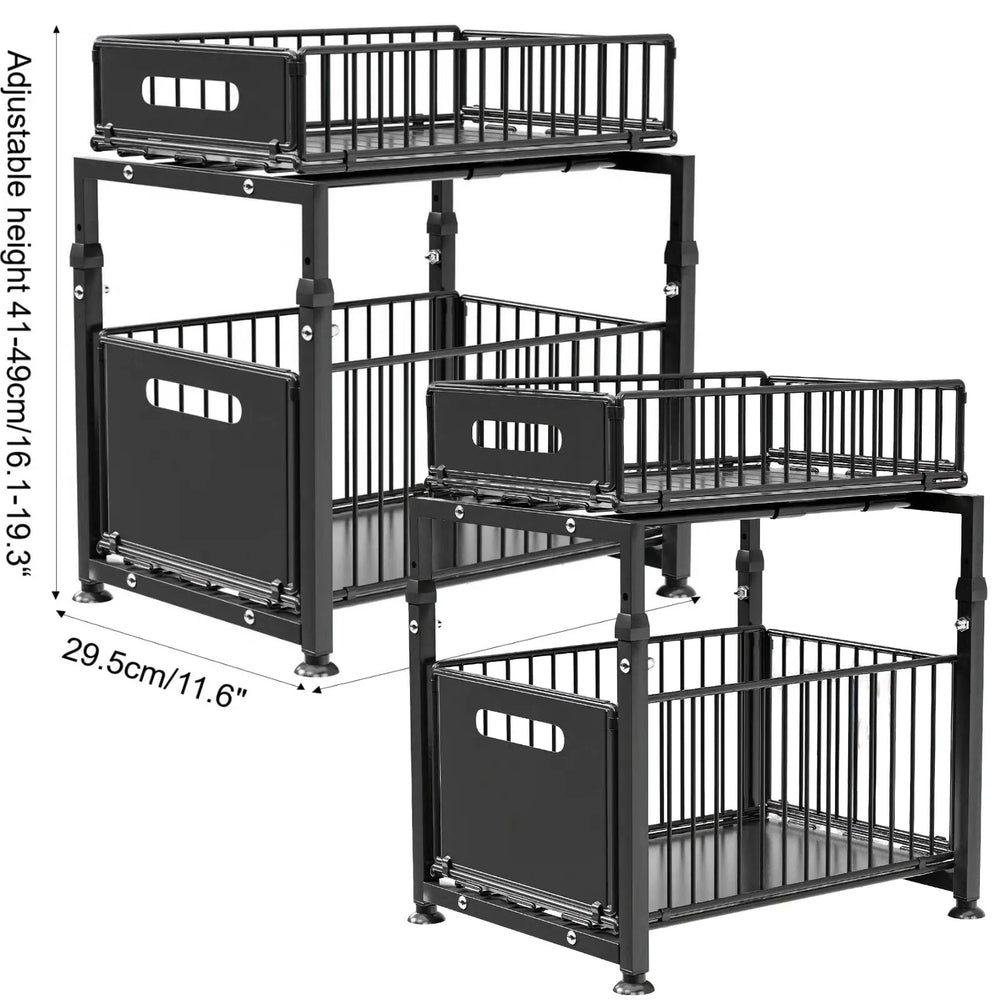 2-Tier Pull-Out Cabinet Organizer – Steel Frame, Height-Adjustable & Sliding Baskets