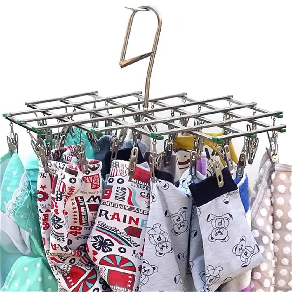 Folding Clothes Drying Rack – 35 Stainless Steel Clips, 360° Hook & Windproof