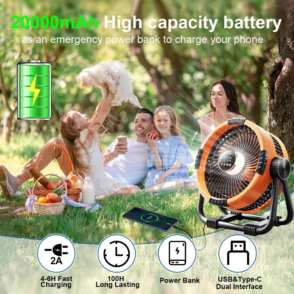 Camping Fan with 20,000mAh Battery, LED Light & Remote Control - WindMate