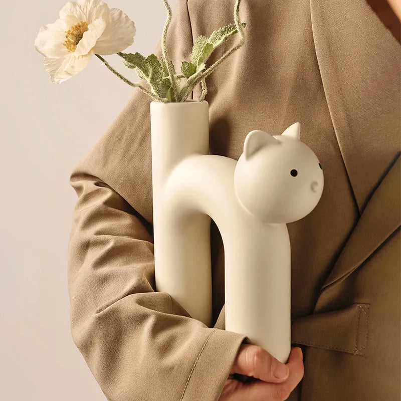 Porcelain Cat Bud Vase – Playful Design, Ivory, Yellow & Pink