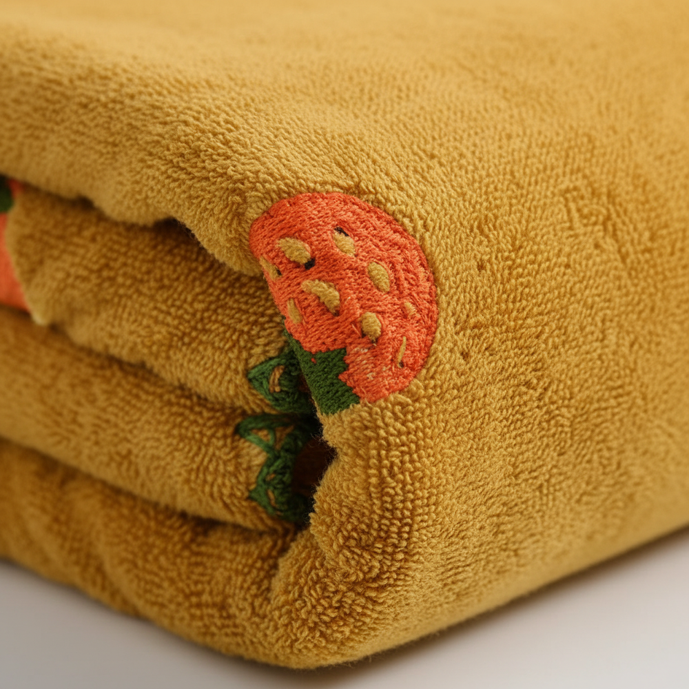 Fruit Embroidery Bath Towel – Soft Absorbent Cotton, 35×75 & 70×140cm, Avocado & Strawberry