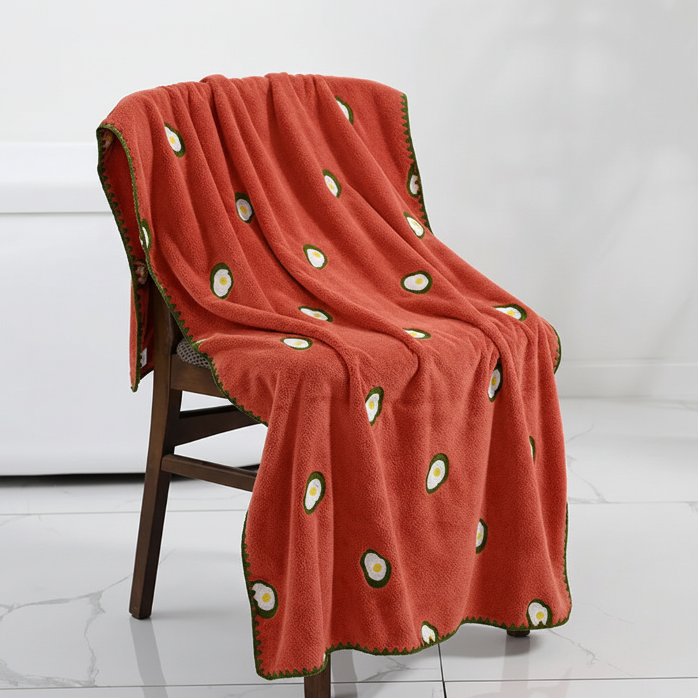 Fruit Embroidery Bath Towel – Soft Absorbent Cotton, 35×75 & 70×140cm, Avocado & Strawberry