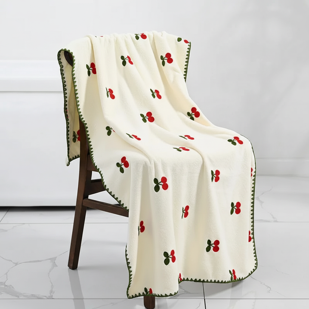 Fruit Embroidery Bath Towel – Soft Absorbent Cotton, 35×75 & 70×140cm, Avocado & Strawberry