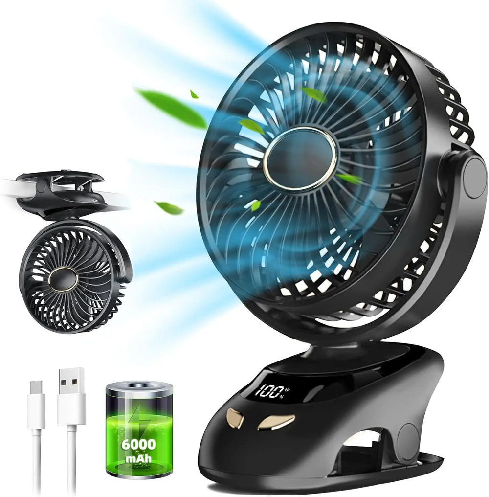 Clip-On Desk Fan – 6000 mAh Battery, 5 Speeds, 90° Tilt & LED Display