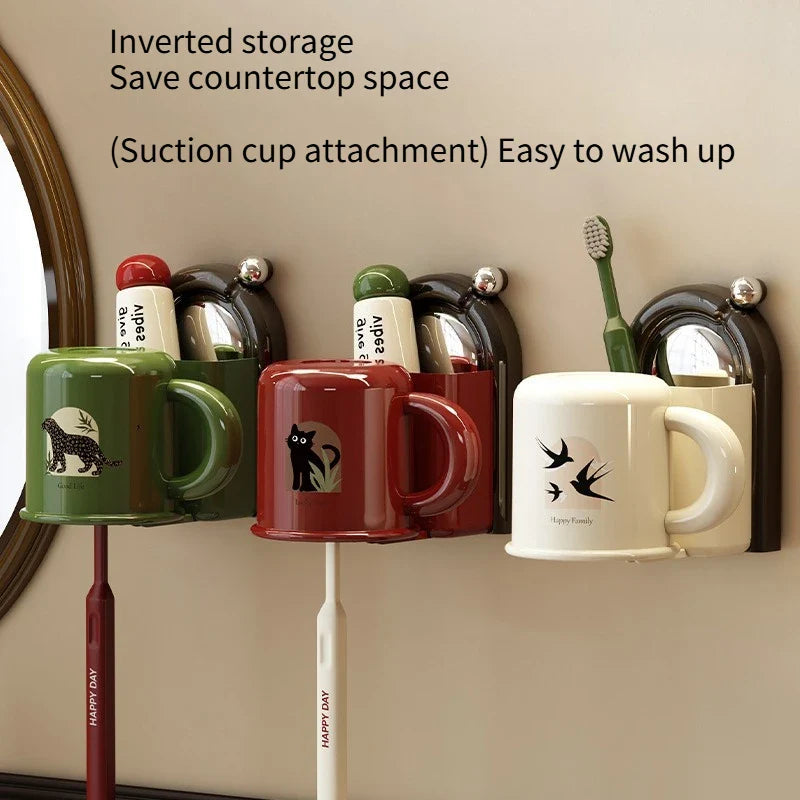 Wall-Mounted Toothbrush Holder with Cup – Suction Mount, ABS & No-Drill