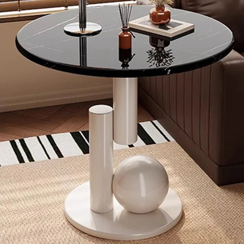 Round Side Table – Marble-Look Top, Wood Frame & Sculptural Base