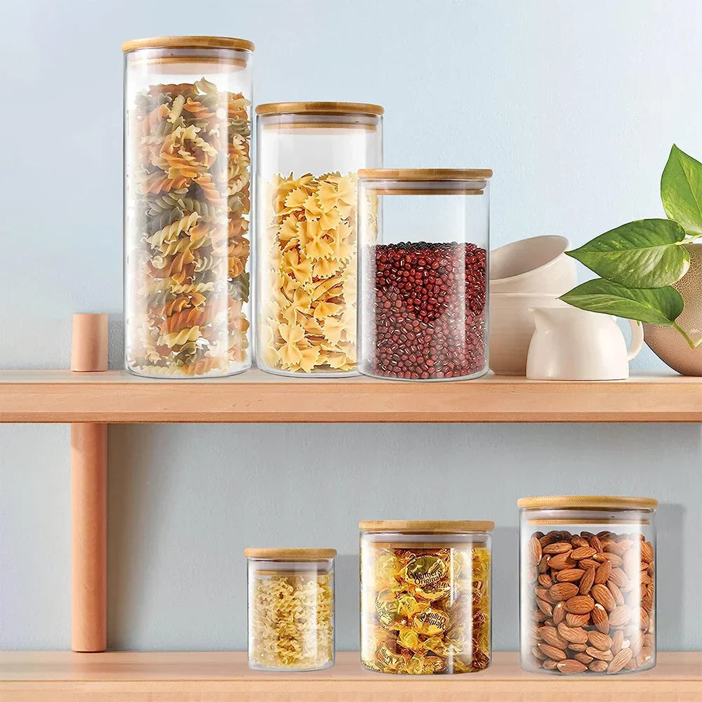 Glass Storage Jars with Wooden Lids – Airtight, Set of 5 & 300-950ml
