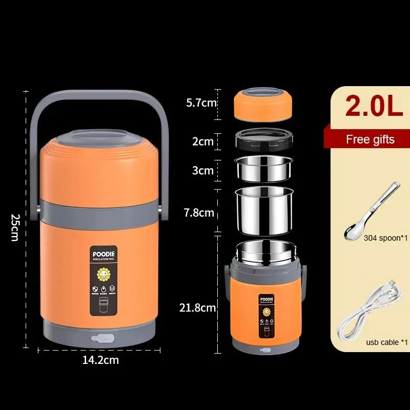Electric USB Lunch Box – 2.0L, 65°C Food Warmer & Stainless Steel Containers
