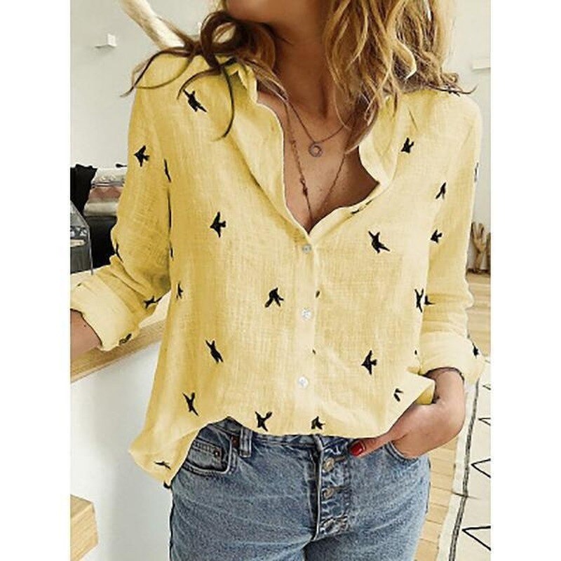 Chloë Casual Blouse - Yellow with Birds