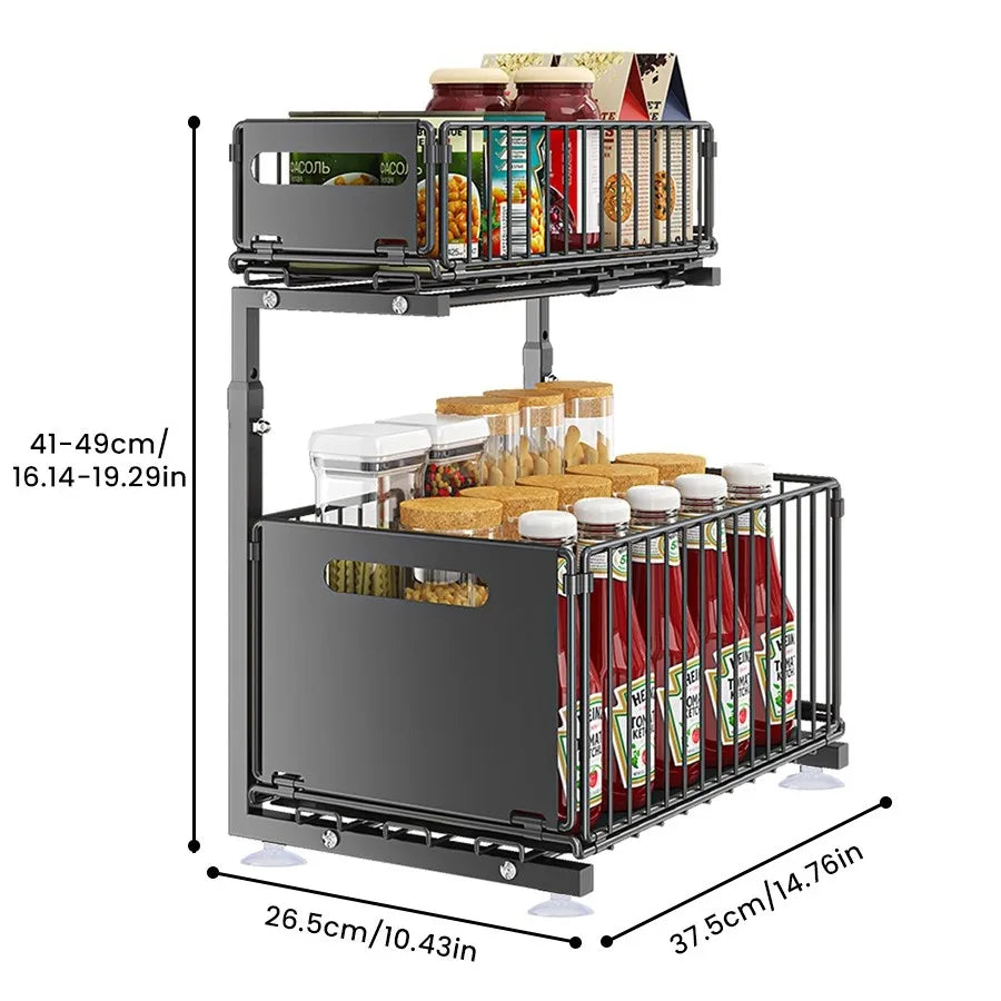 2-Tier Pull-Out Cabinet Organizer – Steel Frame, Height-Adjustable & Sliding Baskets