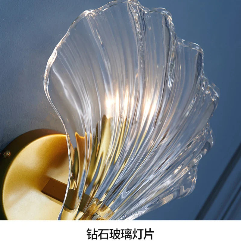 Glass Shell Wall Light – E14 Socket, Gold Metal Fixture & Clear/Cognac Glass