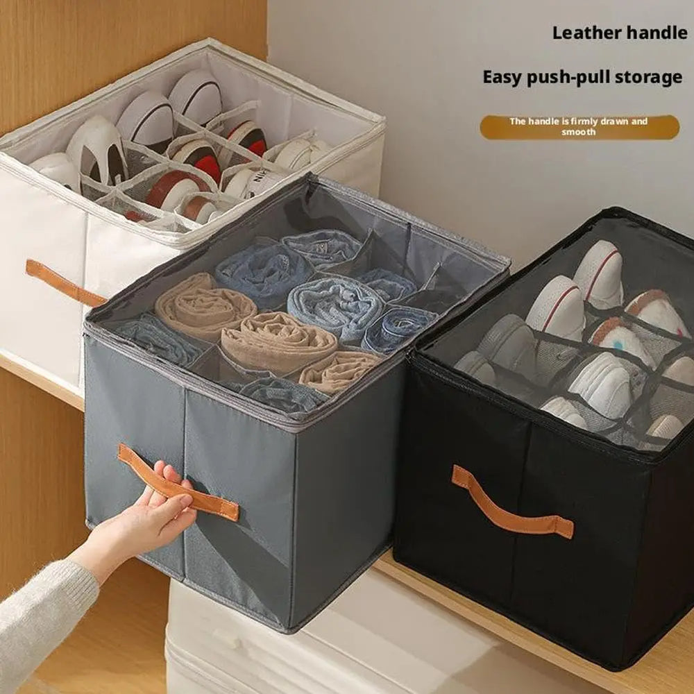 Foldable Shoe Storage Box – Clear Lid, Leather Handle & Stackable