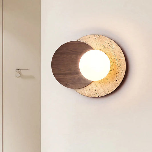 Wabi-Sabi Stone Wall Lamp – Natural Texture, Wood Accent & Frosted Glass Shade