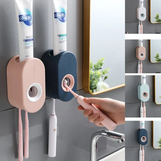 Automatic Toothpaste Dispenser – Wall-Mounted, No-Drill Adhesive & Toothbrush Holders