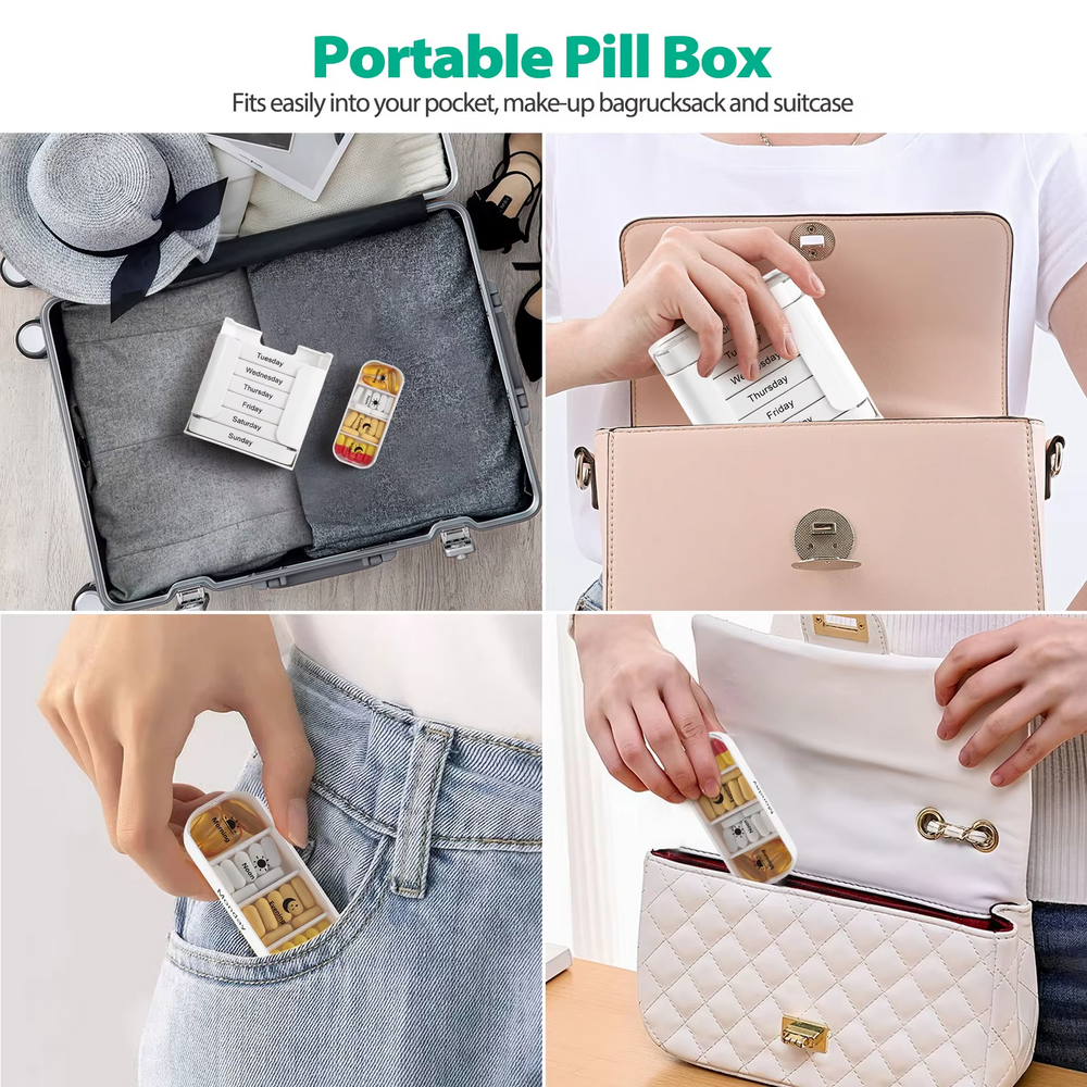 7-Day Pill Organizer – Color-Coded Compartments, Weekday Labels & Travel Size