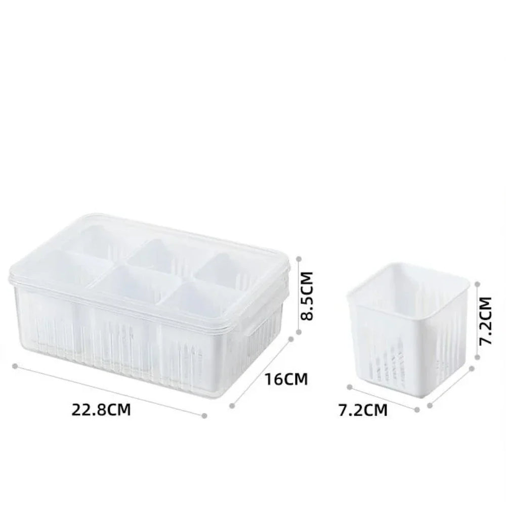 Optimized Product Title: **Kühlschrank-Frischhaltebox mit Ablaufeinsatz und Deckel – 6 Fächer, BPA-frei, ideal für Obst und Gemüse, stapelbar, luftdicht** 

This title includes additional keywords that can help improve visibility and appeal to potential b