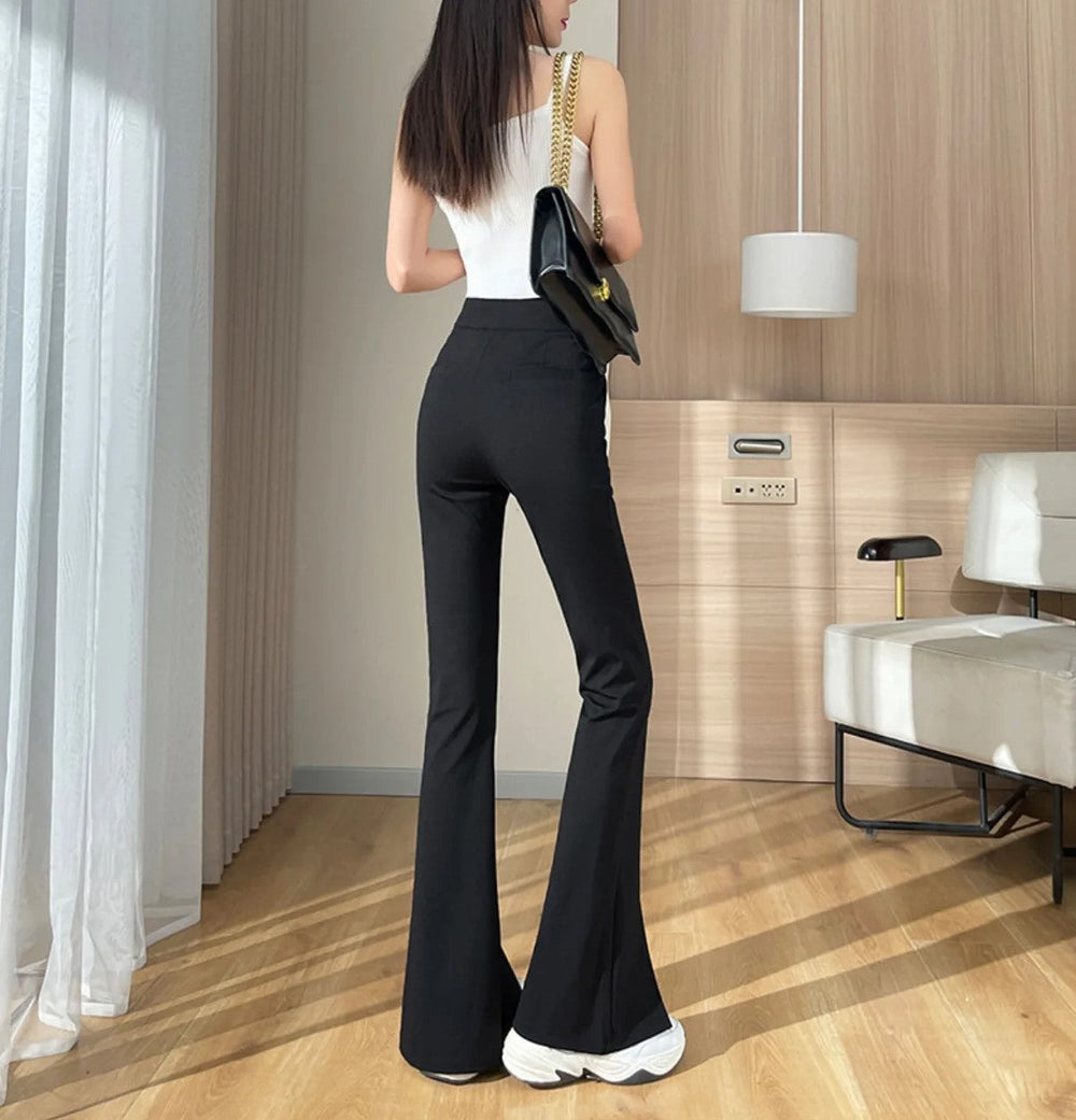 Plus-Size Black Flared Pants with Slit - Stylish Fall Edition for Women