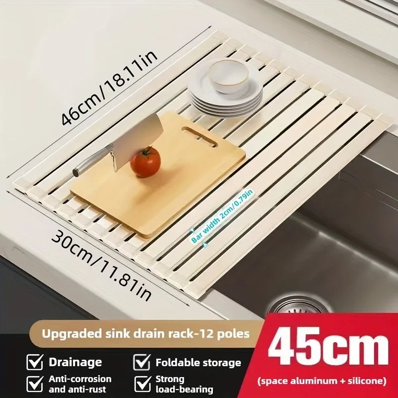 Roll-Up Sink Drying Rack – Aluminum, Heat-Resistant & 46/56cm Sizes