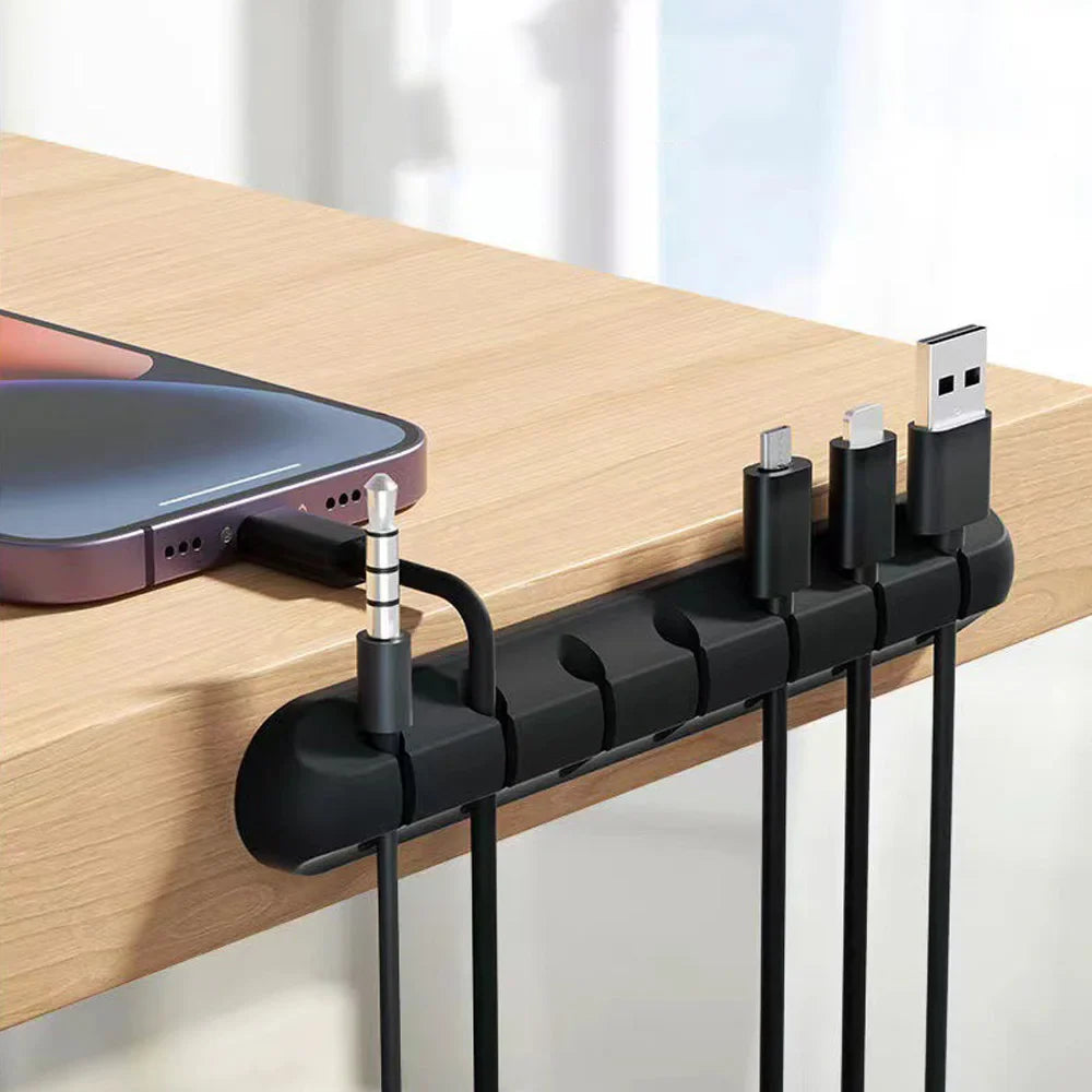 Self-Adhesive Cable Holder – Silicone, Multi-Slot & Black Desk Organizer