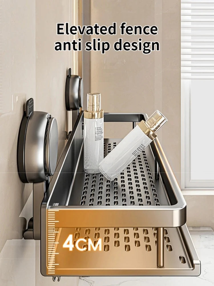 Wall-Mounted Bathroom Shelf – Suction Mount, Aluminum Alloy & Towel Bar